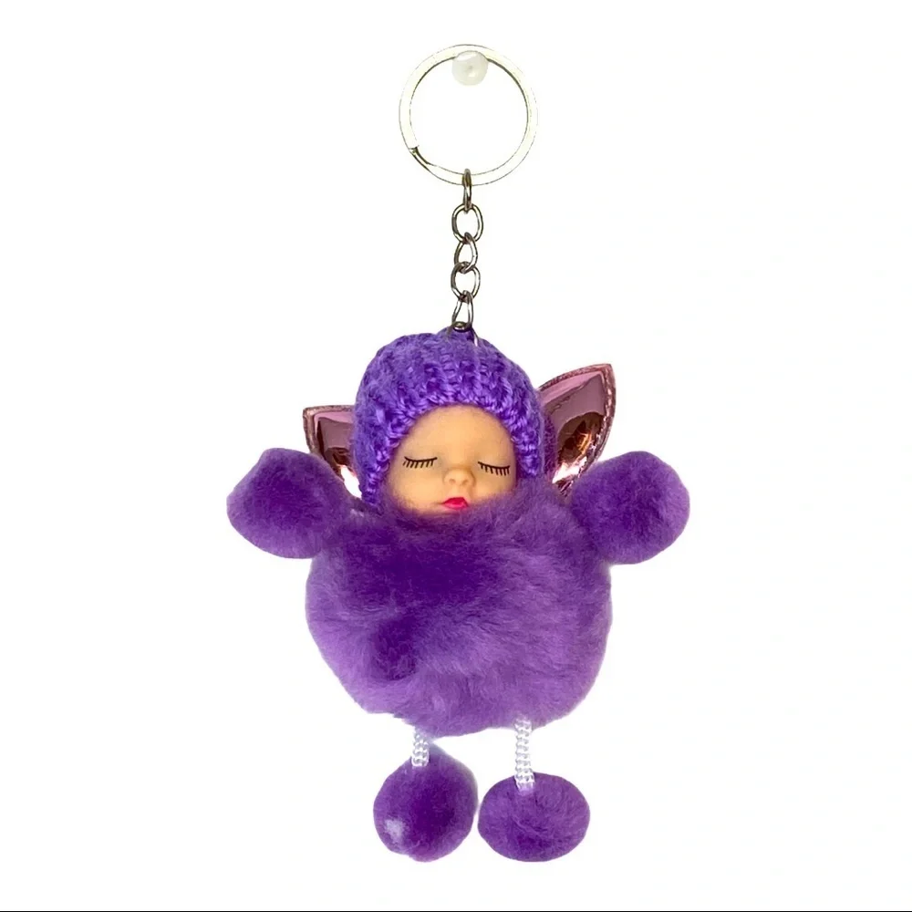 Sleepy baby with fairy wings‎ small pompon in purple keychain charm key holder